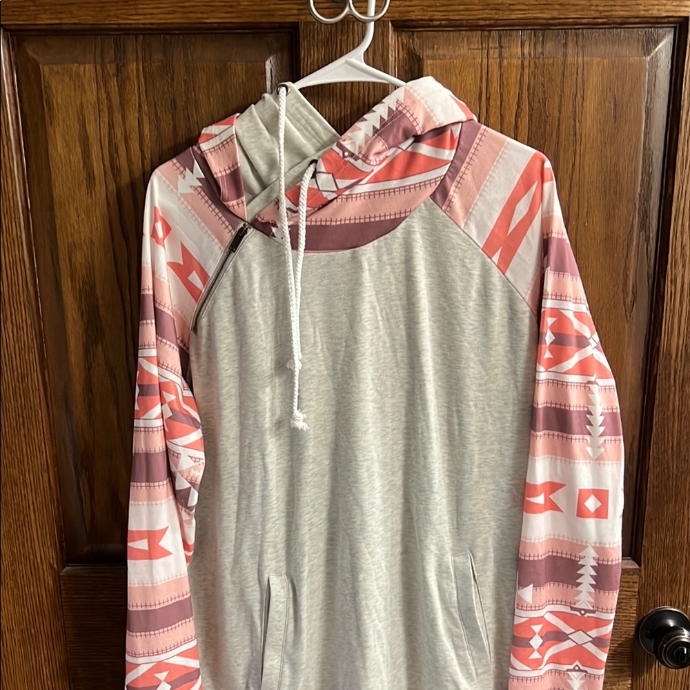 Gray and Pink Patterned Hoodie